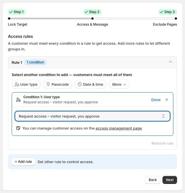 Step 2 – Access & Message: the User type dropdown open with Request access – visitor request, you approve