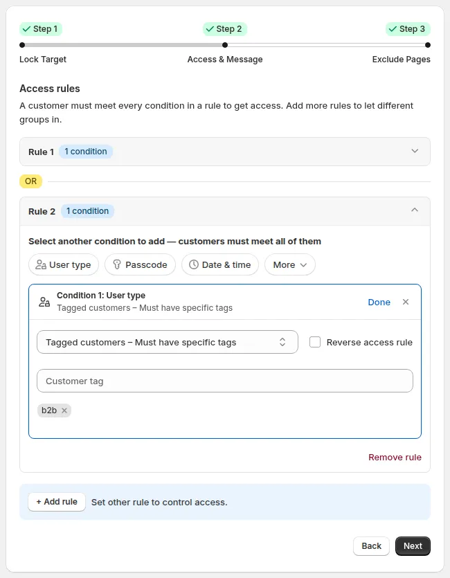 Step 2 – Access & Message: the User type dropdown open with Tagged customers – Must have specific tags