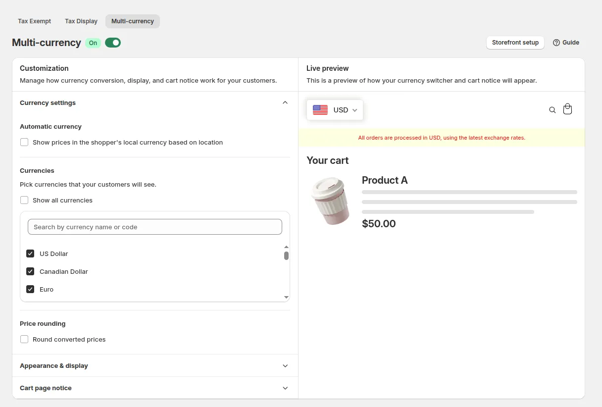 Multi-currency page: Automatic currency, Currencies and Price rounding, with a live preview