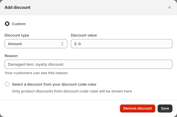 Add discount dialog: a custom amount or percentage with a reason, or a discount from your discount code rules