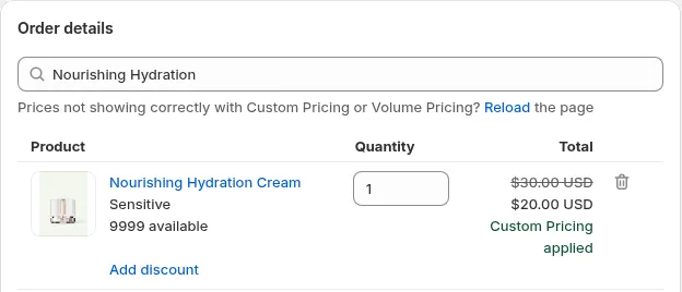Product line: $30.00 struck through, $20.00 with the label Custom Pricing applied