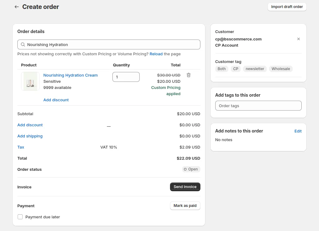 Create order page with a customer selected: the Customer card shows the email and customer tags, and the product line shows the Custom Pricing price