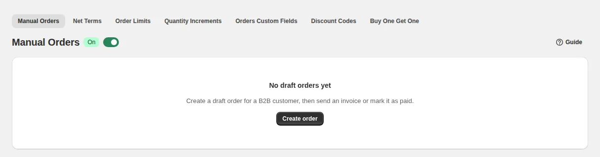 Manual Orders page with the module on and the Create order button
