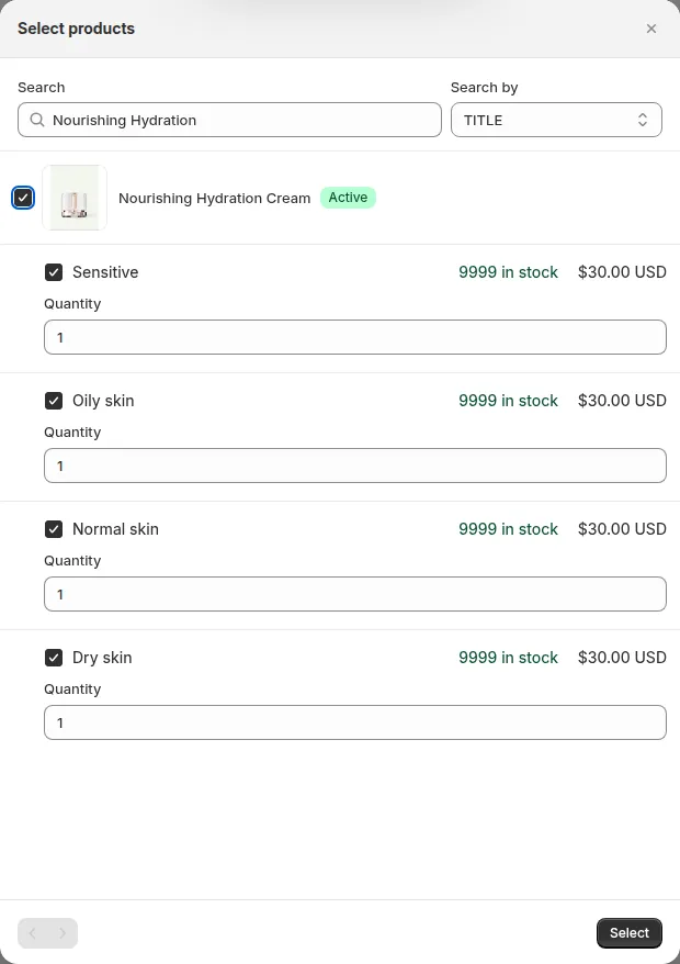 Select products dialog: search by title, SKU or barcode, tick variants and set quantities