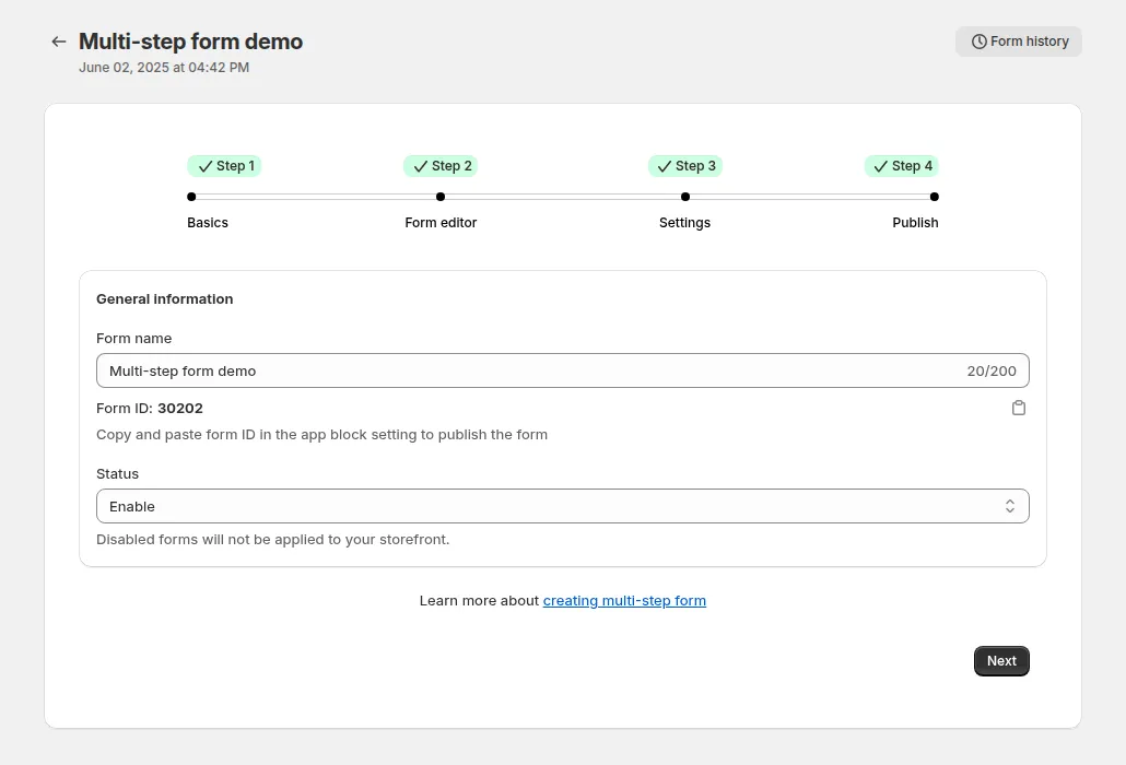 Basics step of a multi-step form: form name, form ID and status