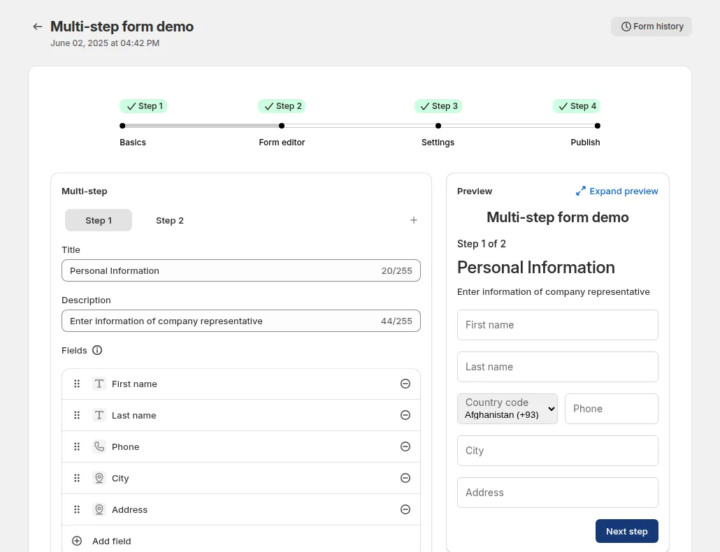 Form editor step: Step 1 and Step 2 tabs, the fields of the selected step, and the live preview