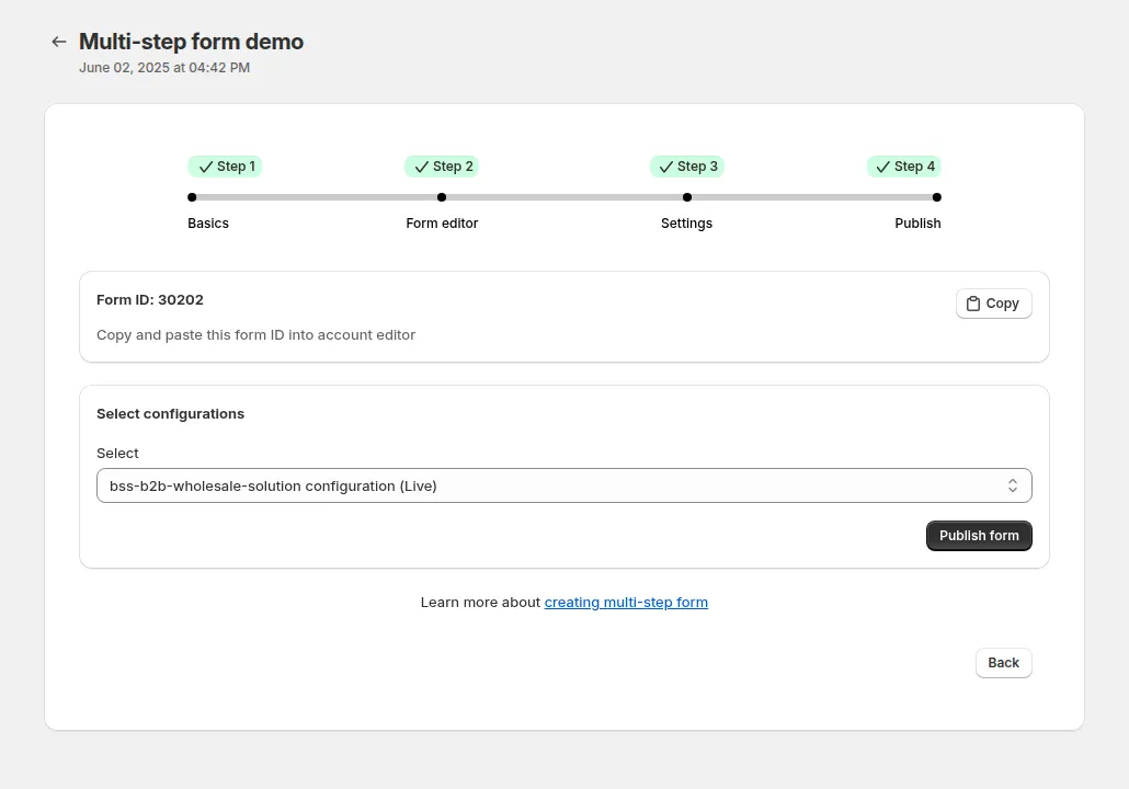 Publish step of a multi-step form: copy the form ID into the account editor and publish it to a configuration