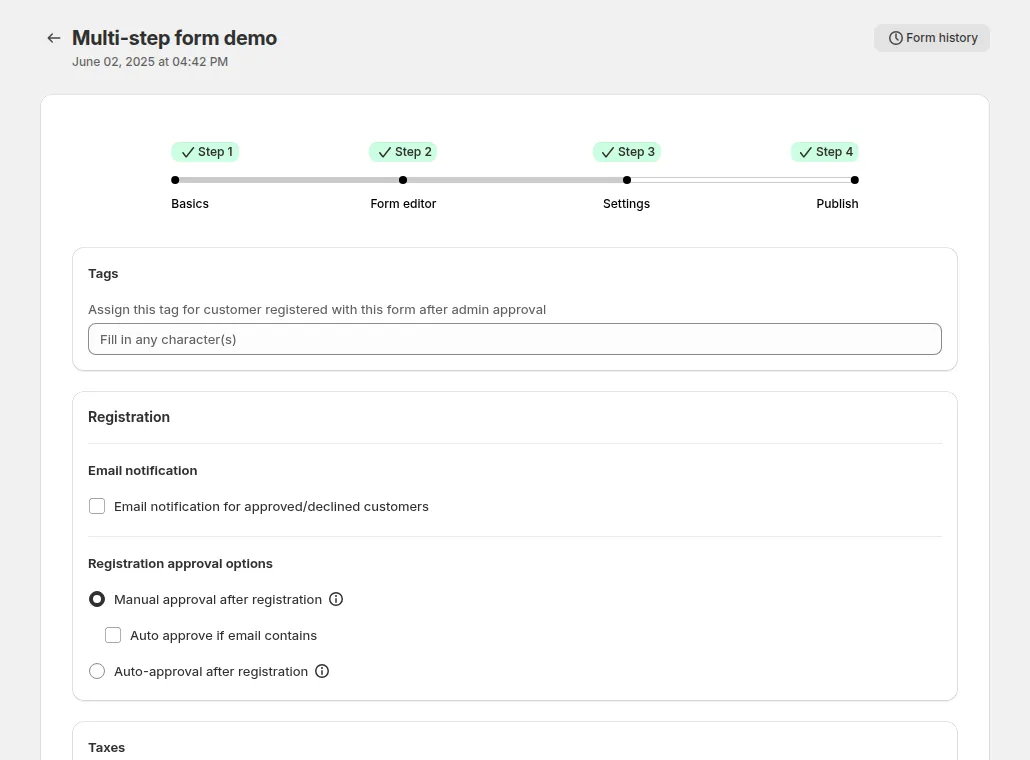 Settings step: Tags, Registration with email notification and approval options, and Taxes