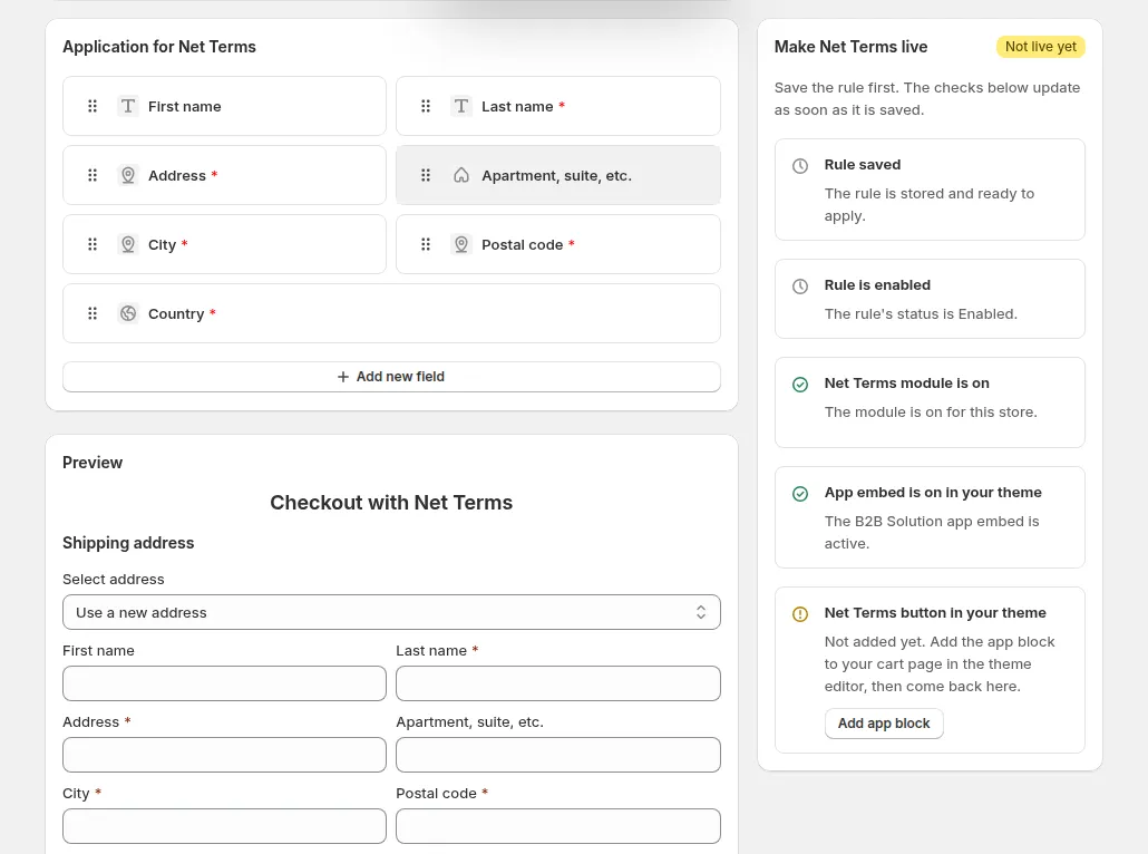 Application for Net Terms card with the default fields, Add new field, and the live preview of the Checkout with Net Terms form
