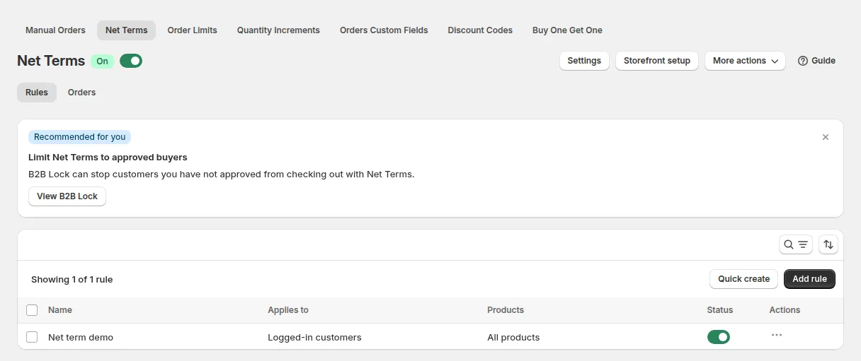 Net Terms page with the Rules and Orders tabs and one rule