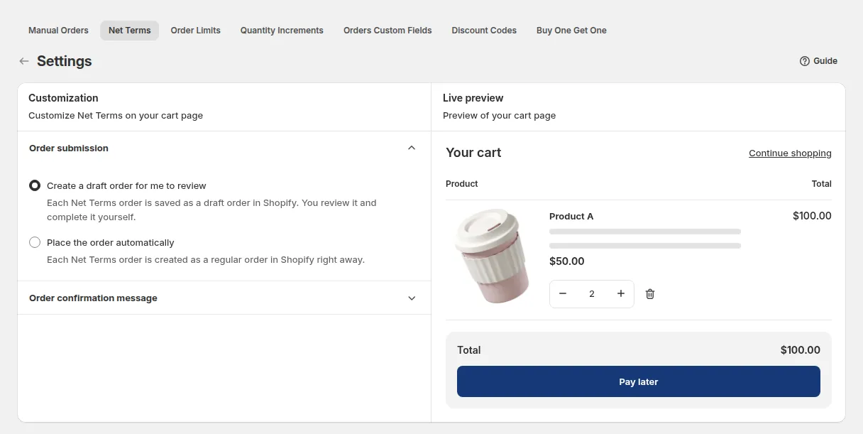 Net Terms Settings: Order submission and Order confirmation message, with a live preview of the cart