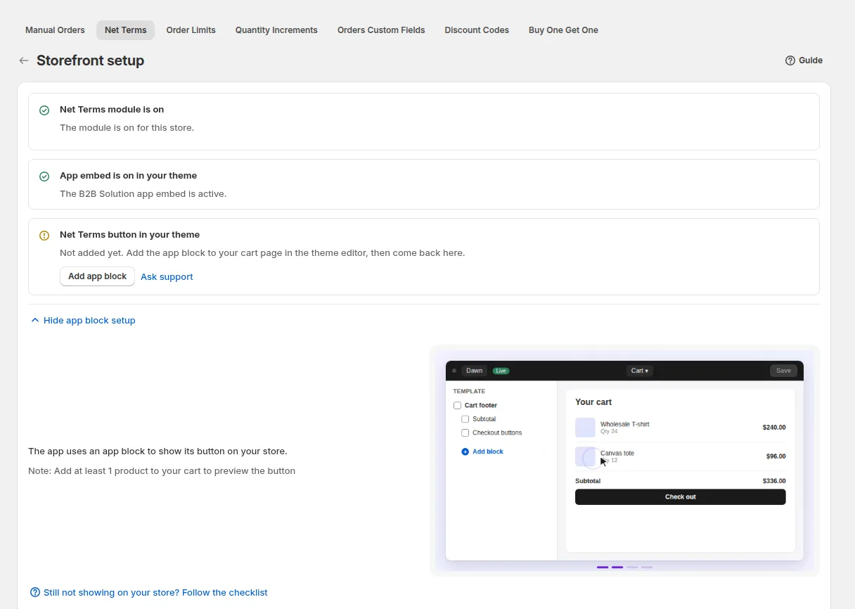Storefront setup for Net Terms: module on, app embed on, and the Net Terms button check with Add app block