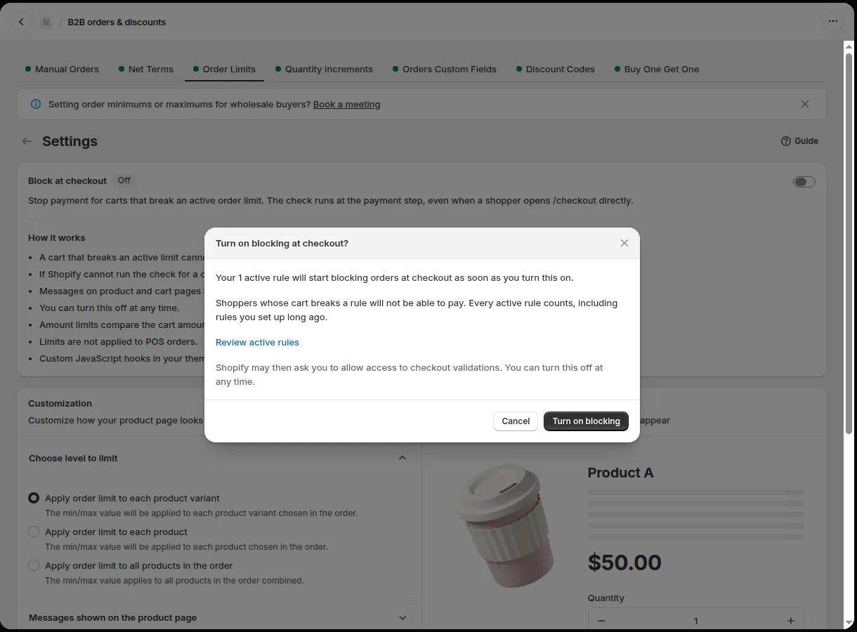 Confirmation window: Turn on blocking at checkout