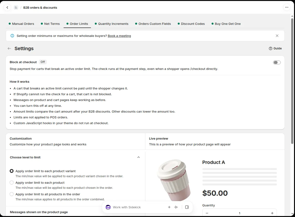 Order Limits Settings with Block at checkout set to Off