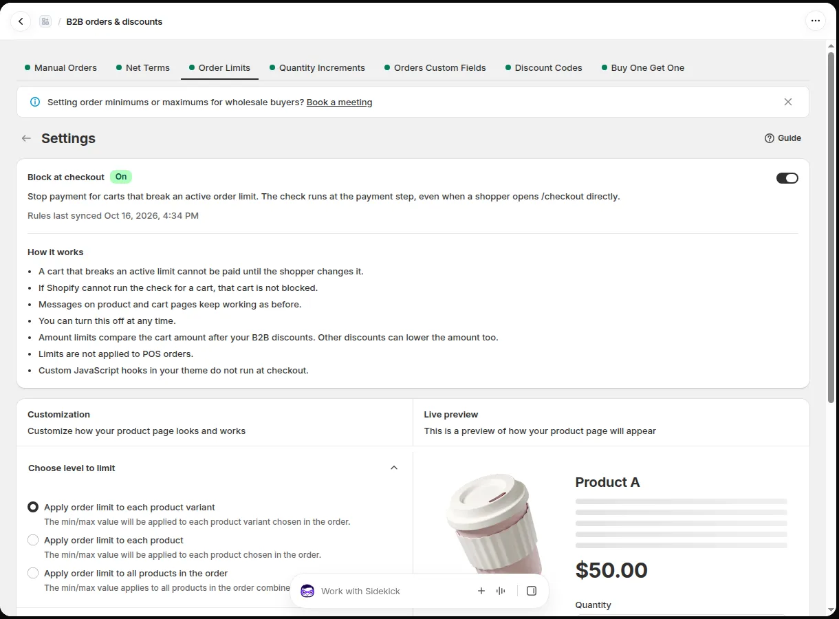 Block at checkout set to On, with the last sync time