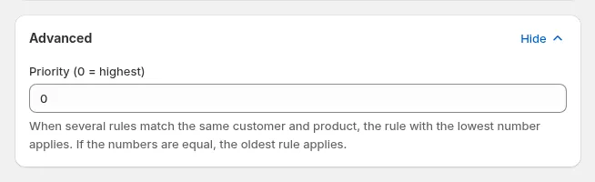 Advanced card with the Priority field