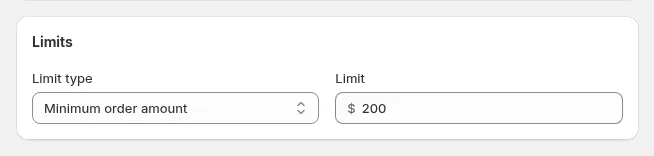 Limits card: Minimum order amount of $200