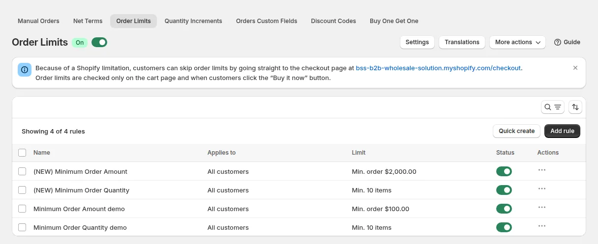 Order Limits page with the module on