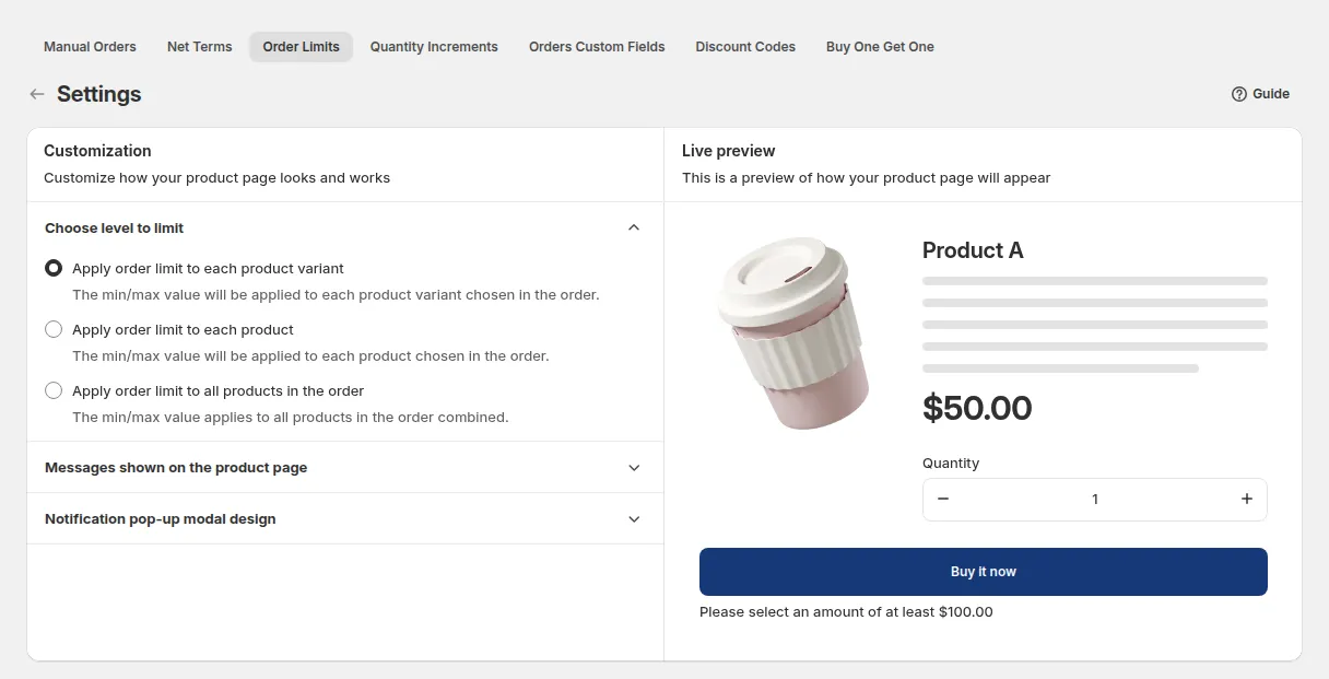 Order Limits Settings: Choose level to limit, Messages shown on the product page, Notification pop-up modal design, with a live preview