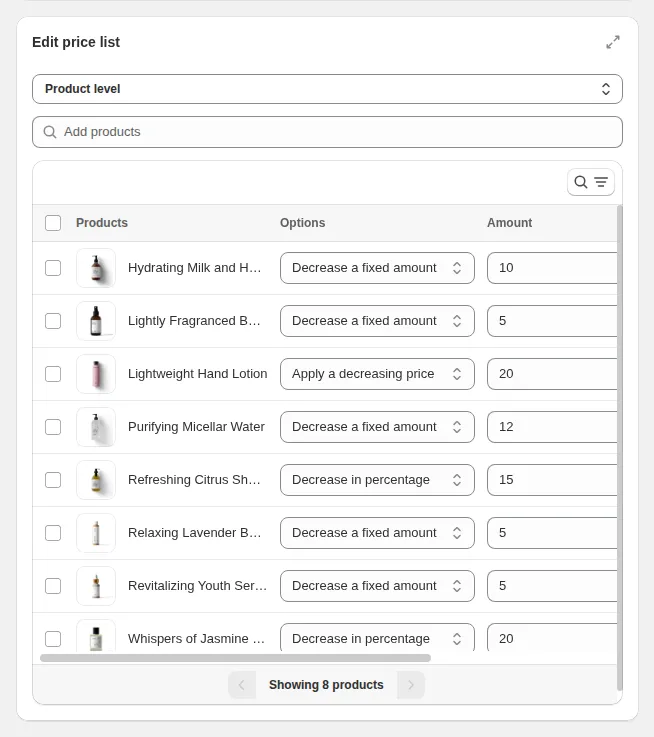 Edit price list card: Product level, Add products, and one row per product with its option and amount