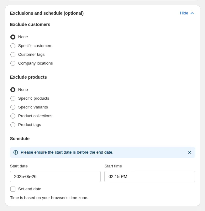 Exclusions and schedule card: Exclude customers, Exclude products and Schedule