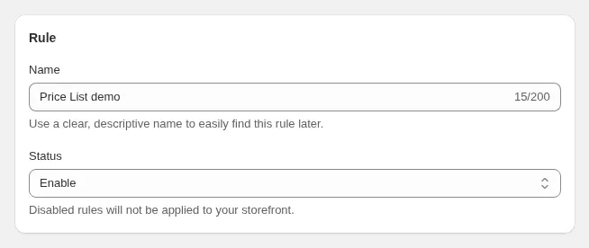 Rule card with the name and status