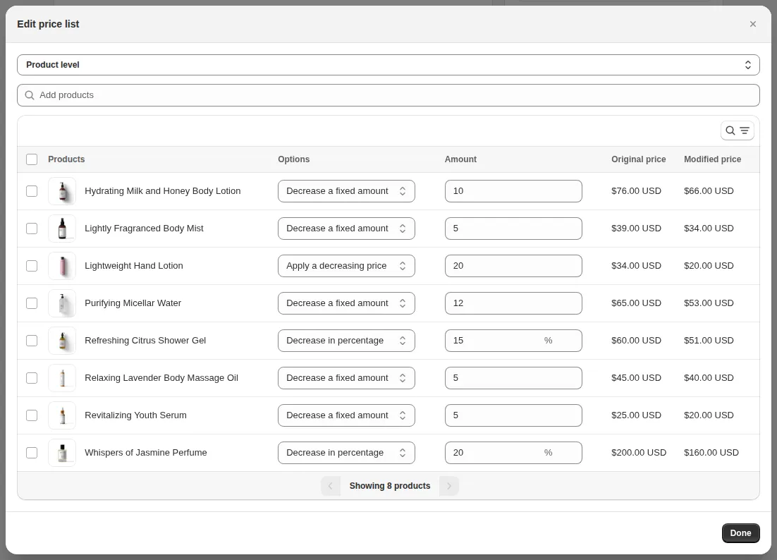 Expanded Edit price list view with the Original price and Modified price columns