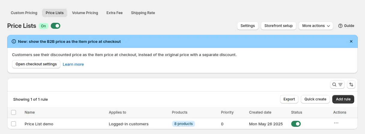 Price Lists page with the module switched on and the rule list