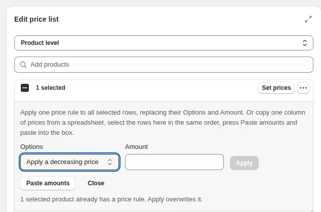 Set prices panel for the selected rows: Options, Amount, Apply and Paste amounts
