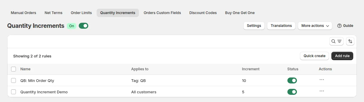 Quantity Increments page with the module on and two rules