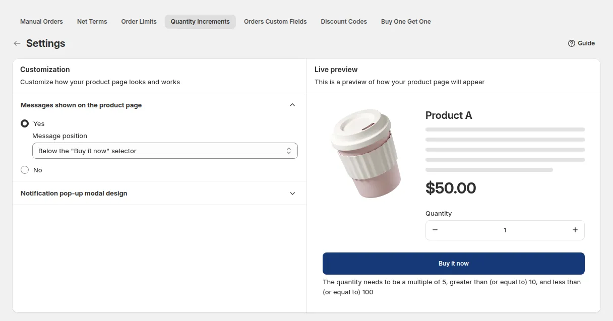 Quantity Increments Settings: Messages shown on the product page and Notification pop-up modal design, with a live preview