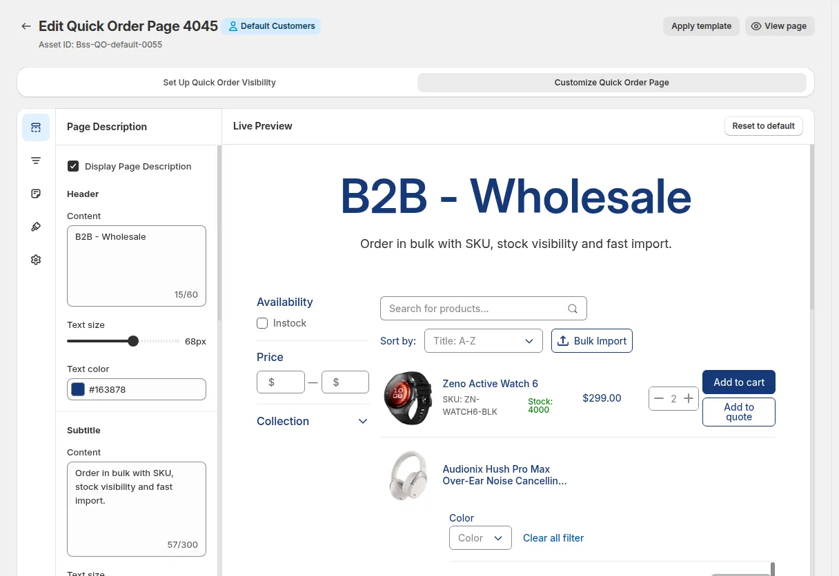 Customize Quick Order Page tab: Page Description settings and the Live Preview of the page