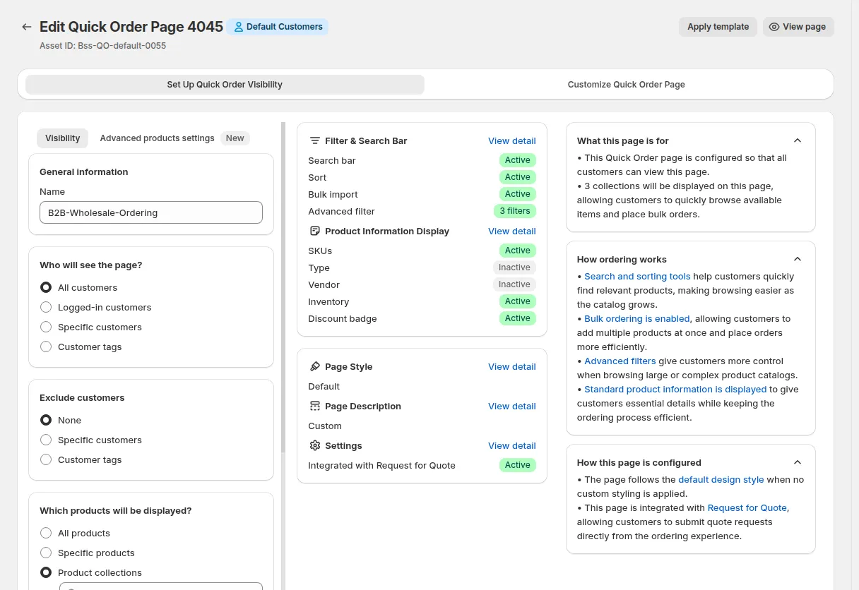Set Up Quick Order Visibility tab: name, who will see the page, exclusions and which products are displayed