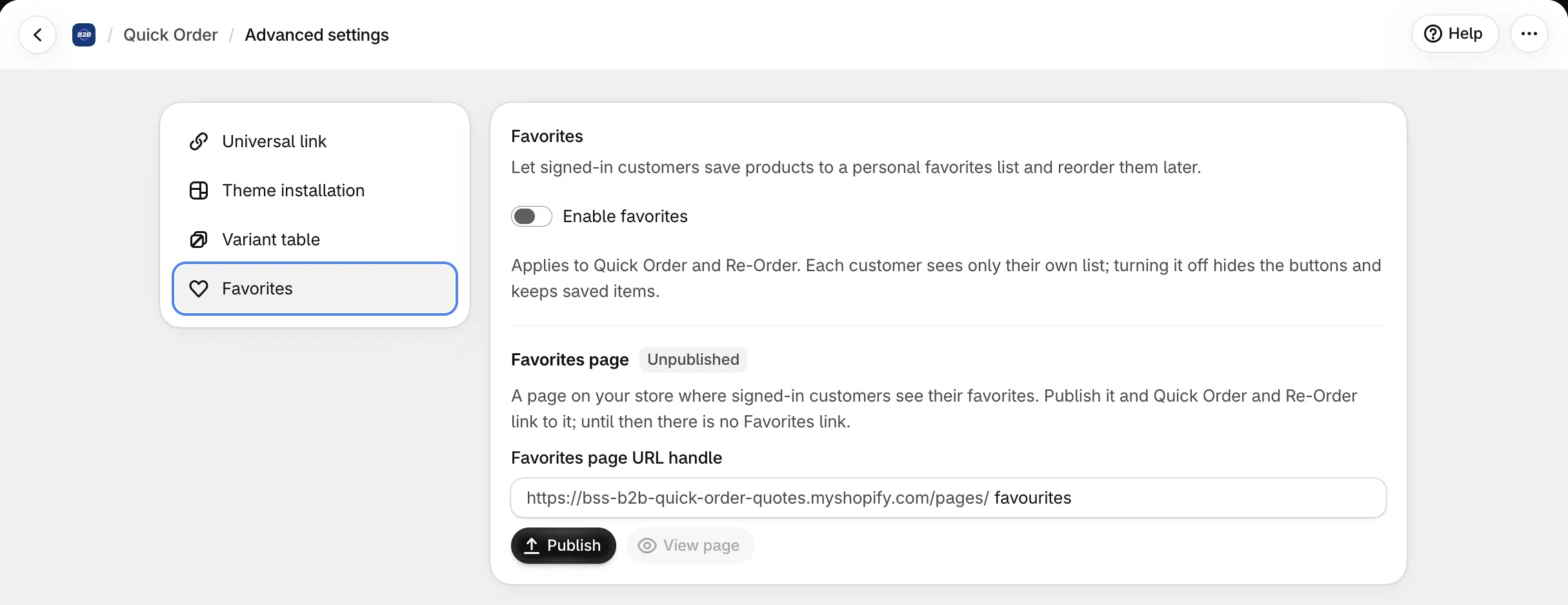 Quick Order settings, Favorites tab: Enable My Favourites, and the Favourites page card, Unpublished, with the page URL handle, Publish and View page