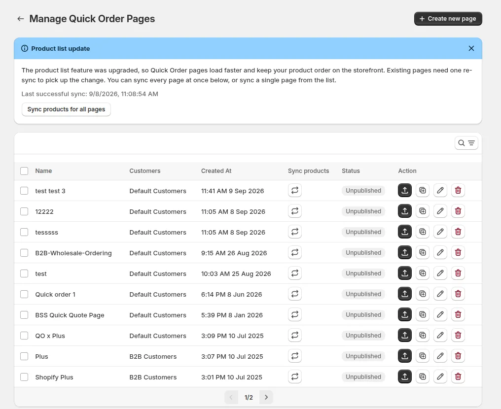 Manage Quick Order Pages: the list of pages with Create new page at the top right