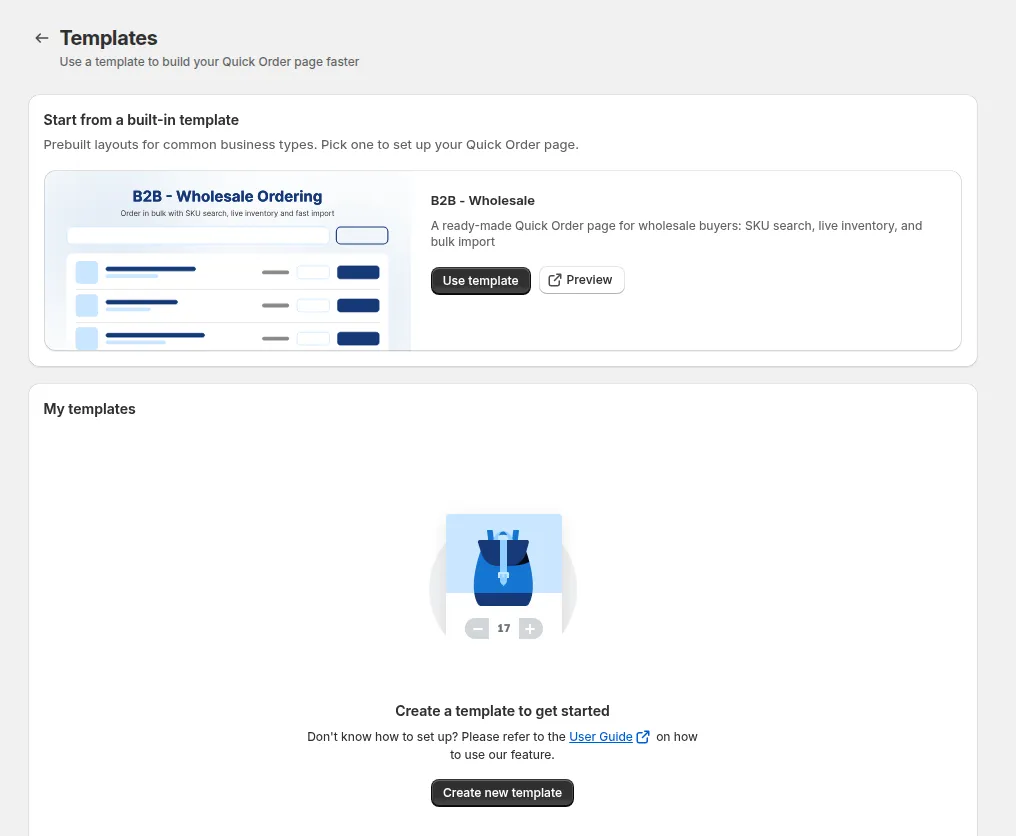 Templates page: the built-in B2B - Wholesale template with Use template and Preview, and My templates