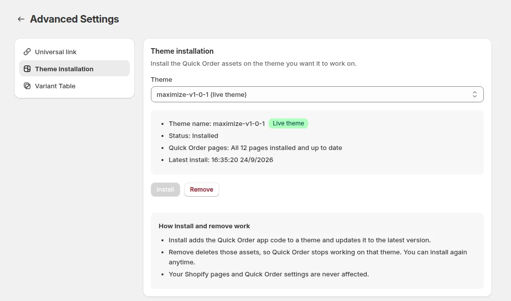 Advanced Settings, Theme installation: theme picker, install status, Install and Remove
