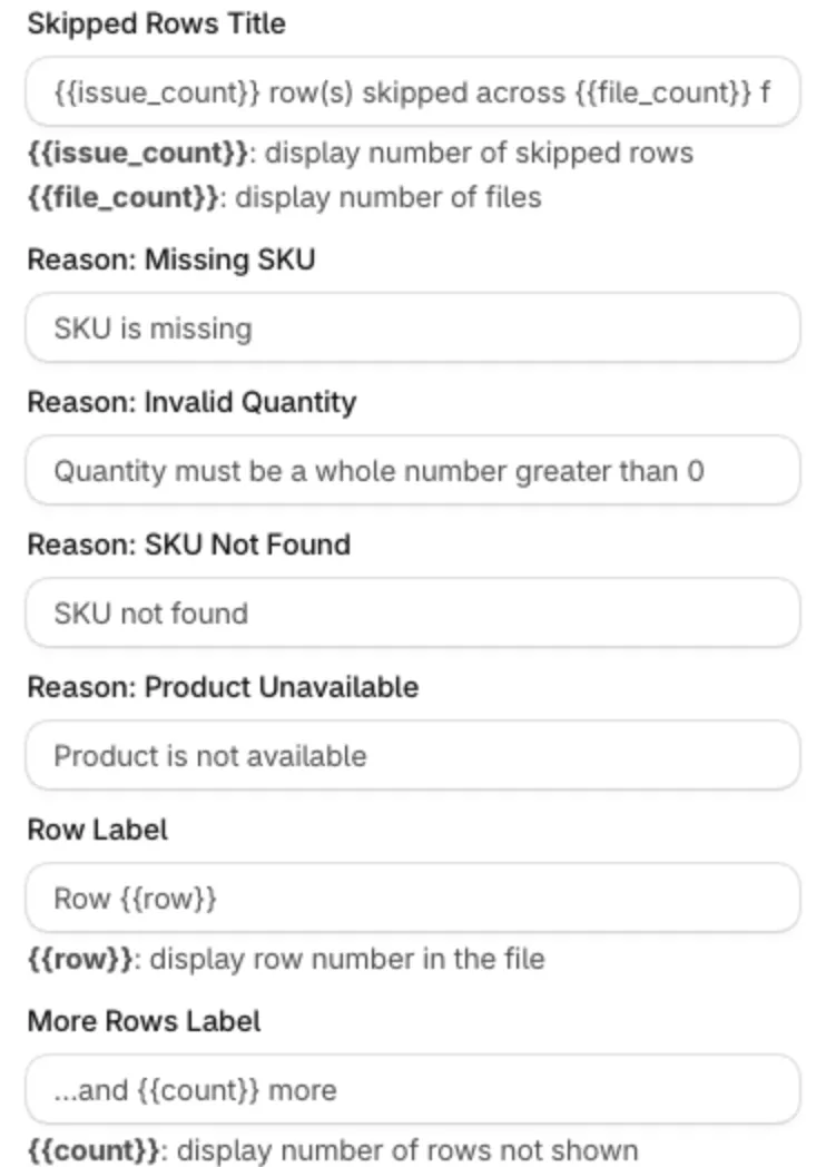 Quick Order translations, Bulk Import Modal: skipped rows texts with placeholder hints such as {{issue_count}}, {{file_count}} and {{row}}