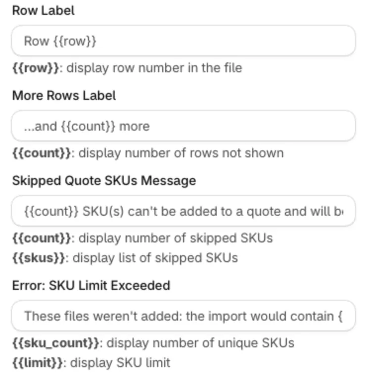Quick Order translations, Bulk Import Modal: Skipped Quote SKUs Message text with the {{count}} and {{skus}} placeholders
