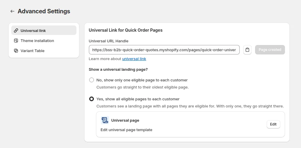 Advanced Settings, Universal link: Universal URL Handle and Show a universal landing page?