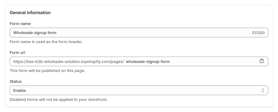 General information card with the form name, form URL and status