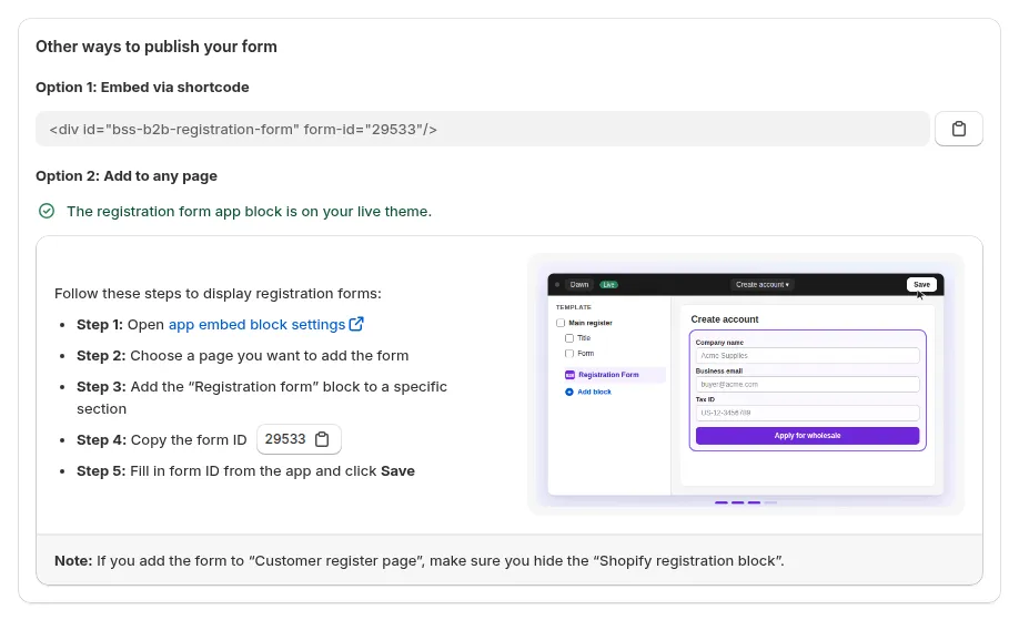 Publish step: Option 1 embed via shortcode, Option 2 add the Registration form app block, with the form ID to copy