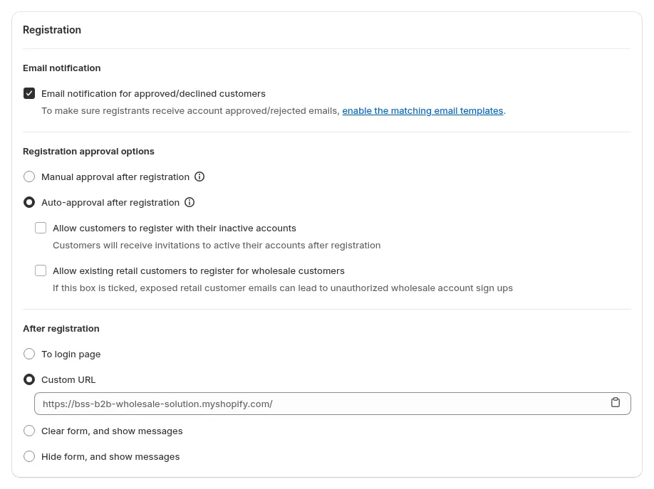 Registration card in the Settings step: email notification, approval options and After registration