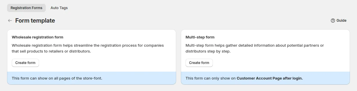 Form template page: Wholesale registration form, which can show on any storefront page, and Multi-step form, which shows on the customer account page
