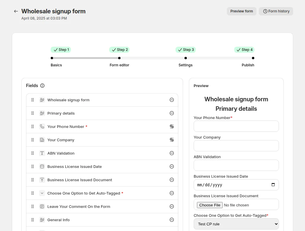 Form editor step: the field list on the left and the live preview on the right