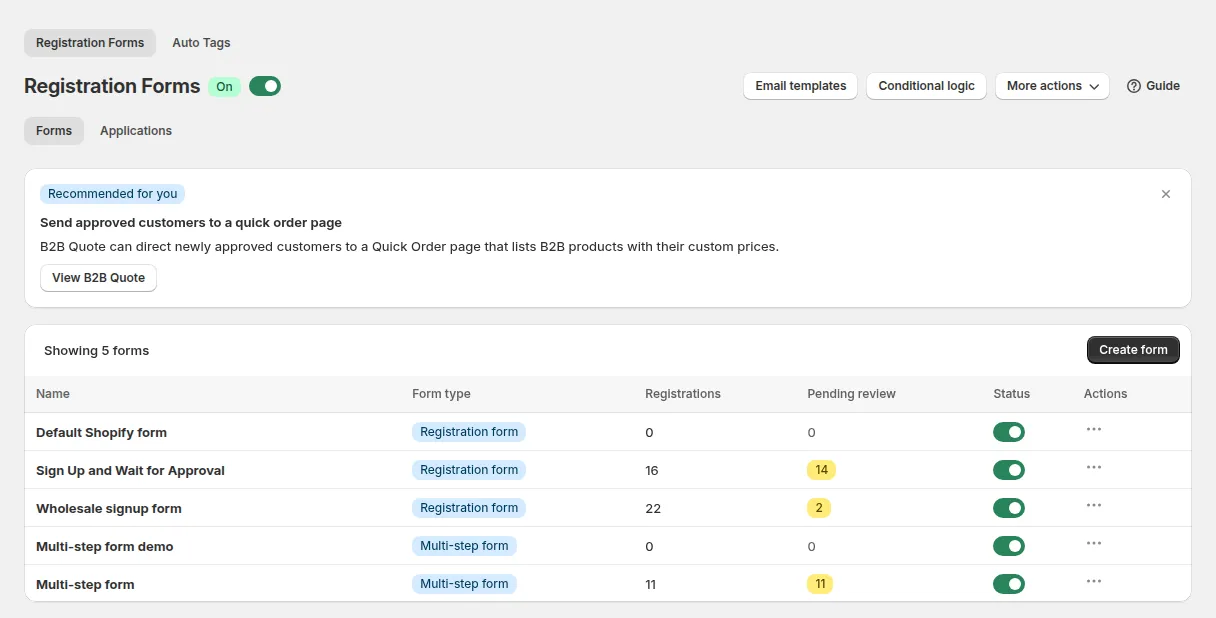 Registration Forms page with the module switched on and the list of forms