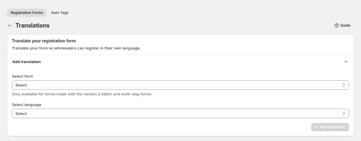 Translations page: Select form, Select language and Add translation