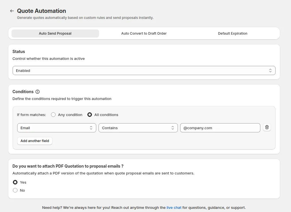 Quote Automation, Auto Send Proposal tab: Status Enabled, a condition Email contains @company.com, and the PDF attachment option