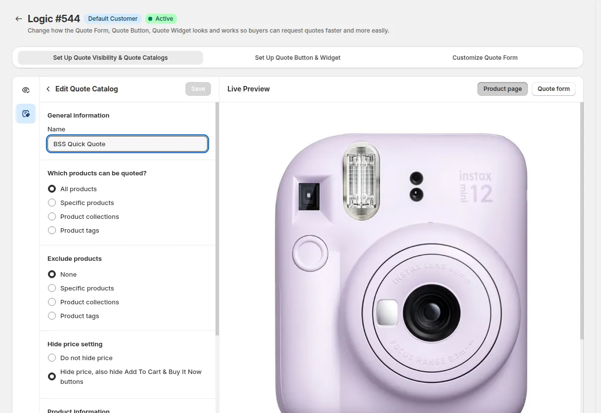 Edit Quote Catalog: name, which products can be quoted, exclude products, hide price setting and product information, with a live preview of the product page