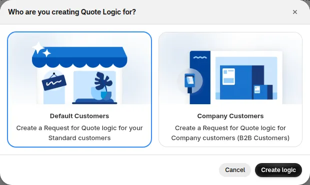 Modal Who are you creating Quote Logic for, with Default Customers and Company Customers